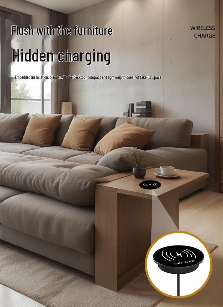 Built-in Wireless Charger Power Strip with Direct Plug-in for Hidden Desktop and Phone