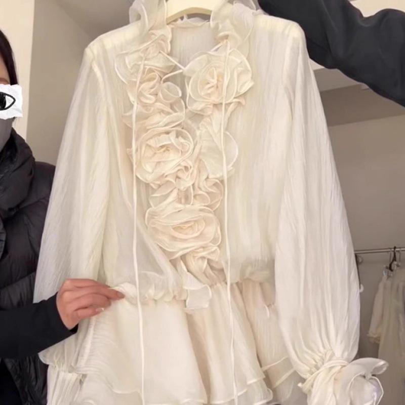 Koreanisches süß-würziges V-Ausschnitt Rüschen Blumen Midikleid