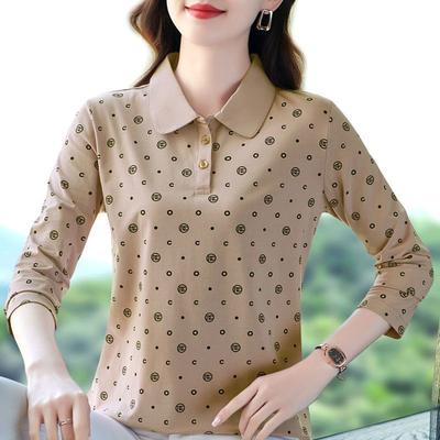 Camiseta de Manga Larga para Primavera Otoño para Mujer Nueva Moda Mamá Algodón Puro Polo Holgado Estampado Top Básico M-5XL