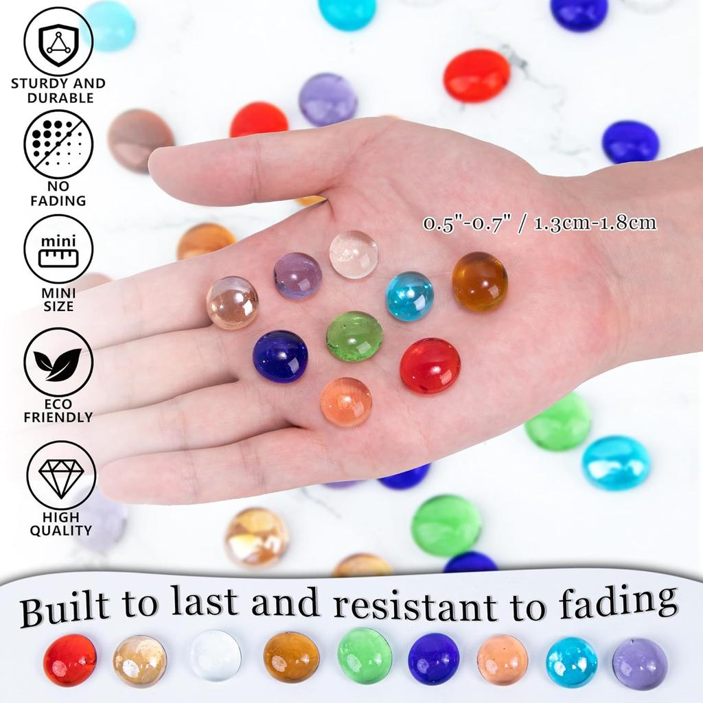 50PCS Mini Glass Gems,Mixed Colour Mancala Stones Flat Bottom Marble Beads for Home Decorative Art Craft Vase Filler(0.5"~0.7")