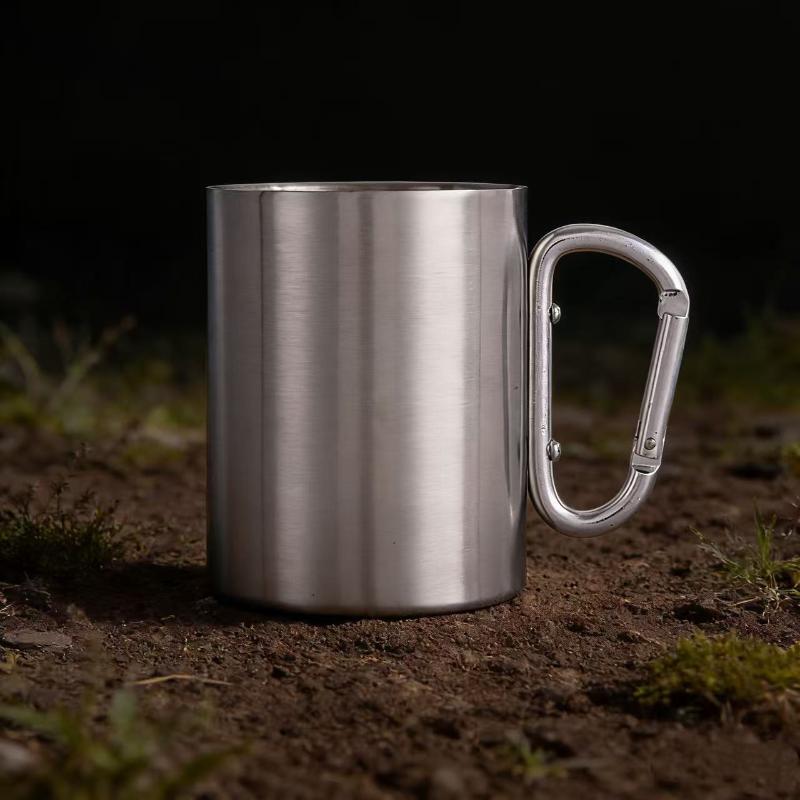 Stainless Steel Mountaineering Water Cup Button Coffee Camping Mug With Carabiner Handle Climbing Hiking Backpacking Travel Cups