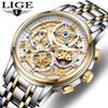 LIGE Men's Quartz Watch, Multifunctional Waterproof Wristwatch, Skeleton Concept Design, Casual Business Watch, Black