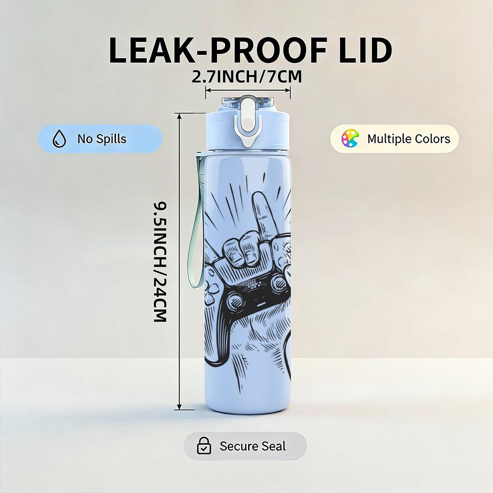 1PC Game Controller Hand Sketch 750ml Color Plastic Sports Water Bottle Leakproof Flip Straw Lid Suitable for Sports Office Home Use
