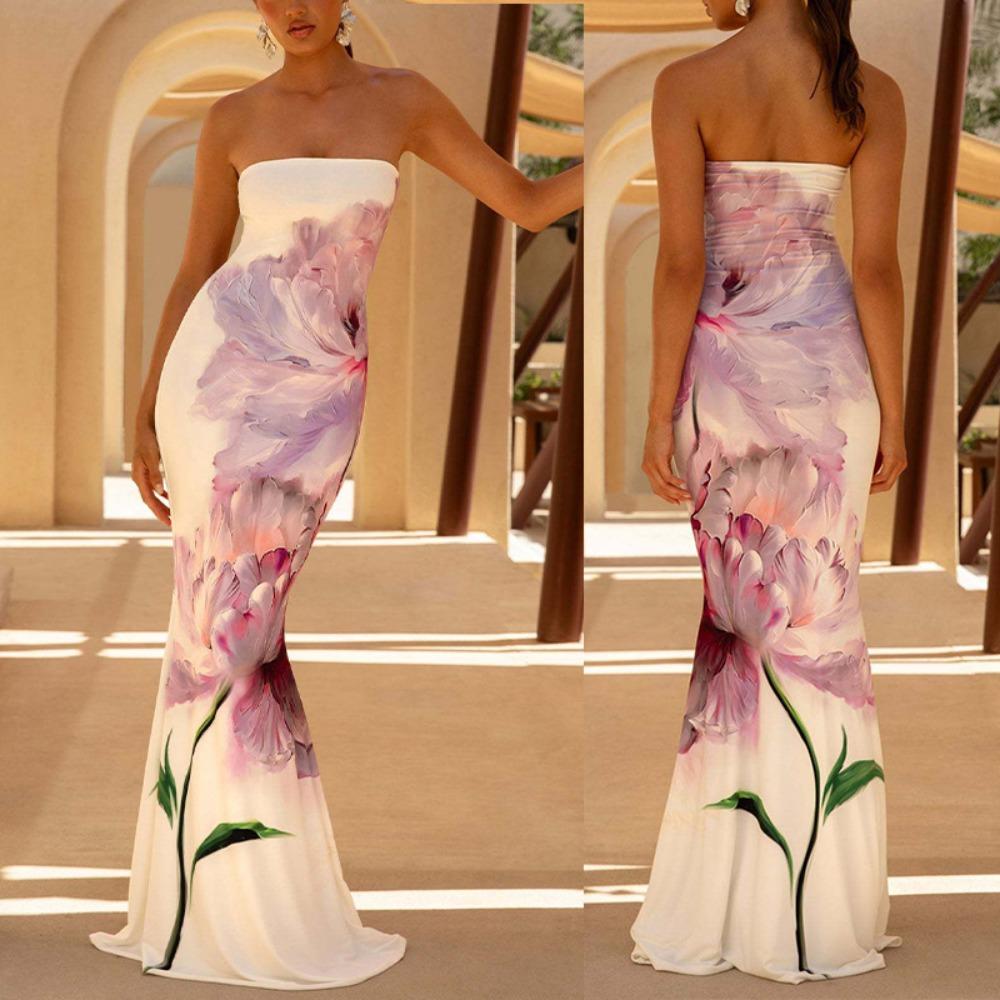 Women's Strapless Sleeveless Mermaid Maxi Dress Slim Elastic Waist Tropical Floral Milk Silk Micro Elastic Backless Party Evening Long Dress