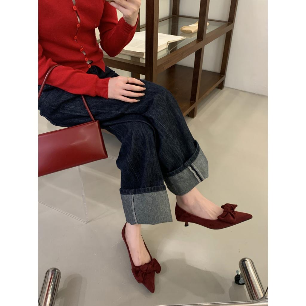 Fairy Style 2025 Autumn New Korean Version Niche Thin Heel Shallow Mouth Bow Fashion Pointed Temperament Single Shoe Woman