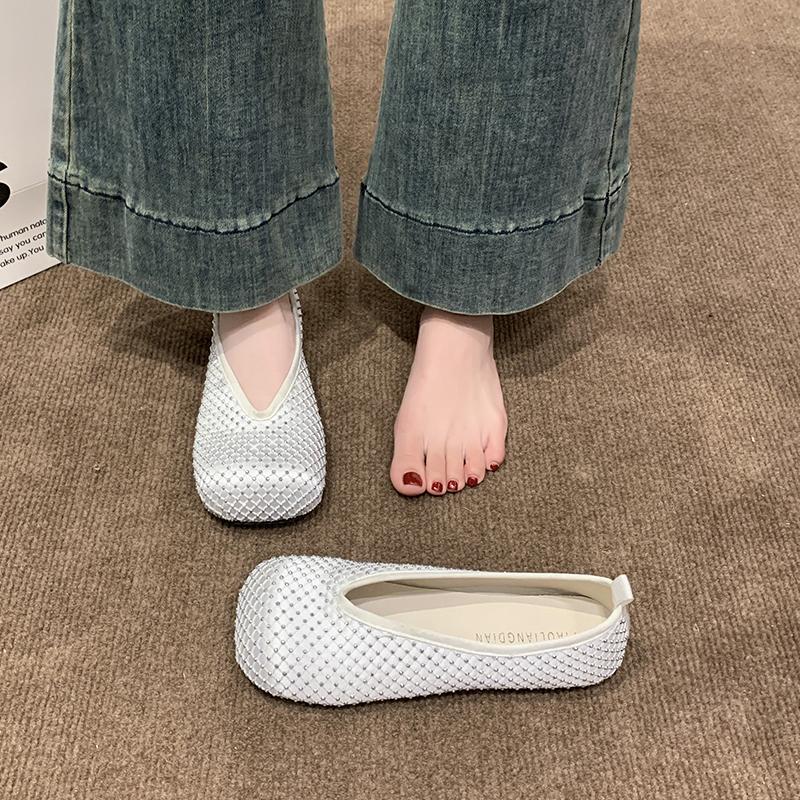 Fashion Flats Ballet Shoes Women Sandals Mesh Crystal Square Toe Mary Jane Summer New 2025 Design Shallow Loafer Dress Casual Sandalias