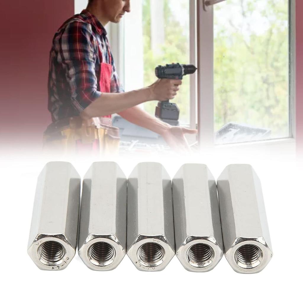 5 Pcs Hex Coupling Nut M10 X 1.5 Female Thread 17mm Outer Diameter 60mm Length Nuts Connector 304 Stainless Steel Silver Rod Coupling Nuts