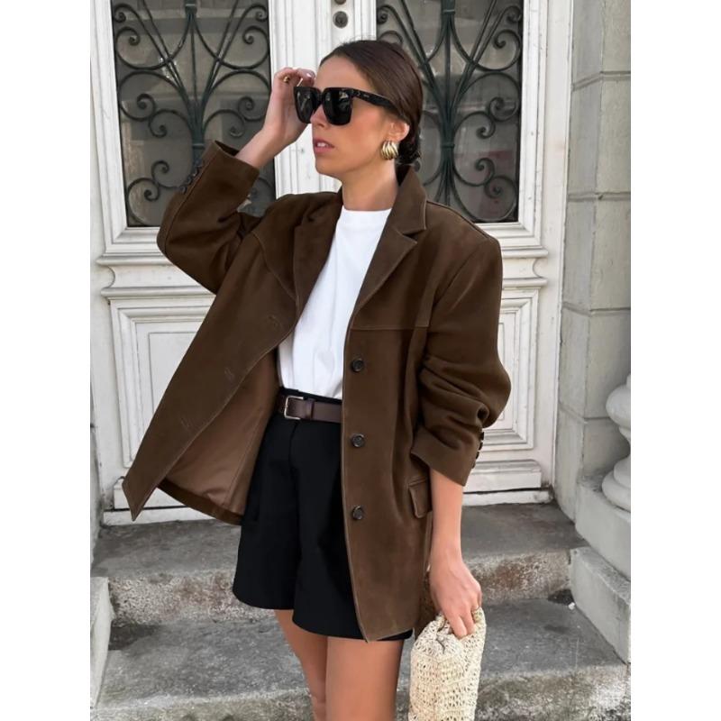 Módní hnědá s dvojitým kapesním sakem sako Žena jednořadý dlouhý rukáv, krátký kabát, dáma podzimní oblečení z ulice
