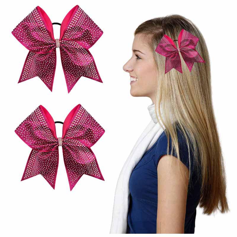 Rhinestone Rose Red Cheerleading-Schleife mit elastischem Haargummi und Glitzer-Akzent