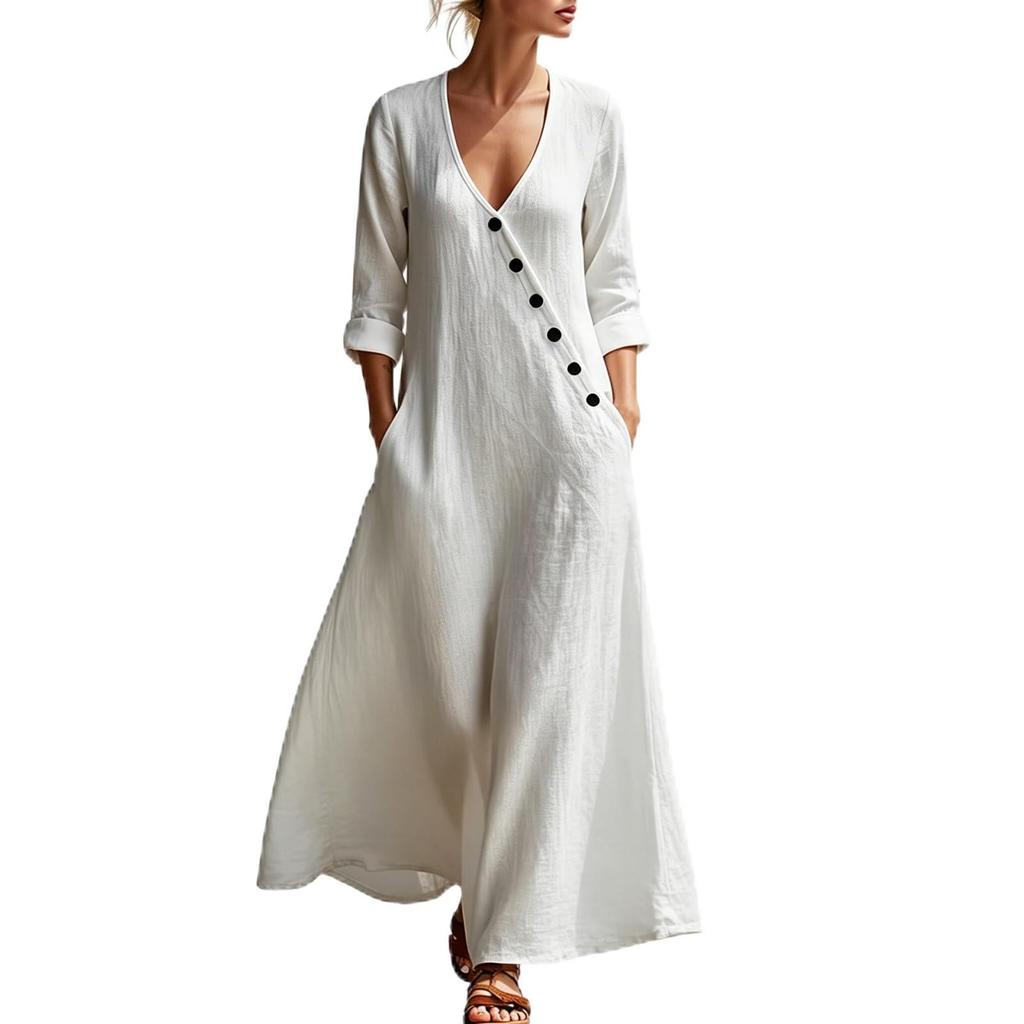 Women’s Elegant Long Sleeve V Neck Maxi Dress Bohemian Style Vacation Wear with Button Loose Fit