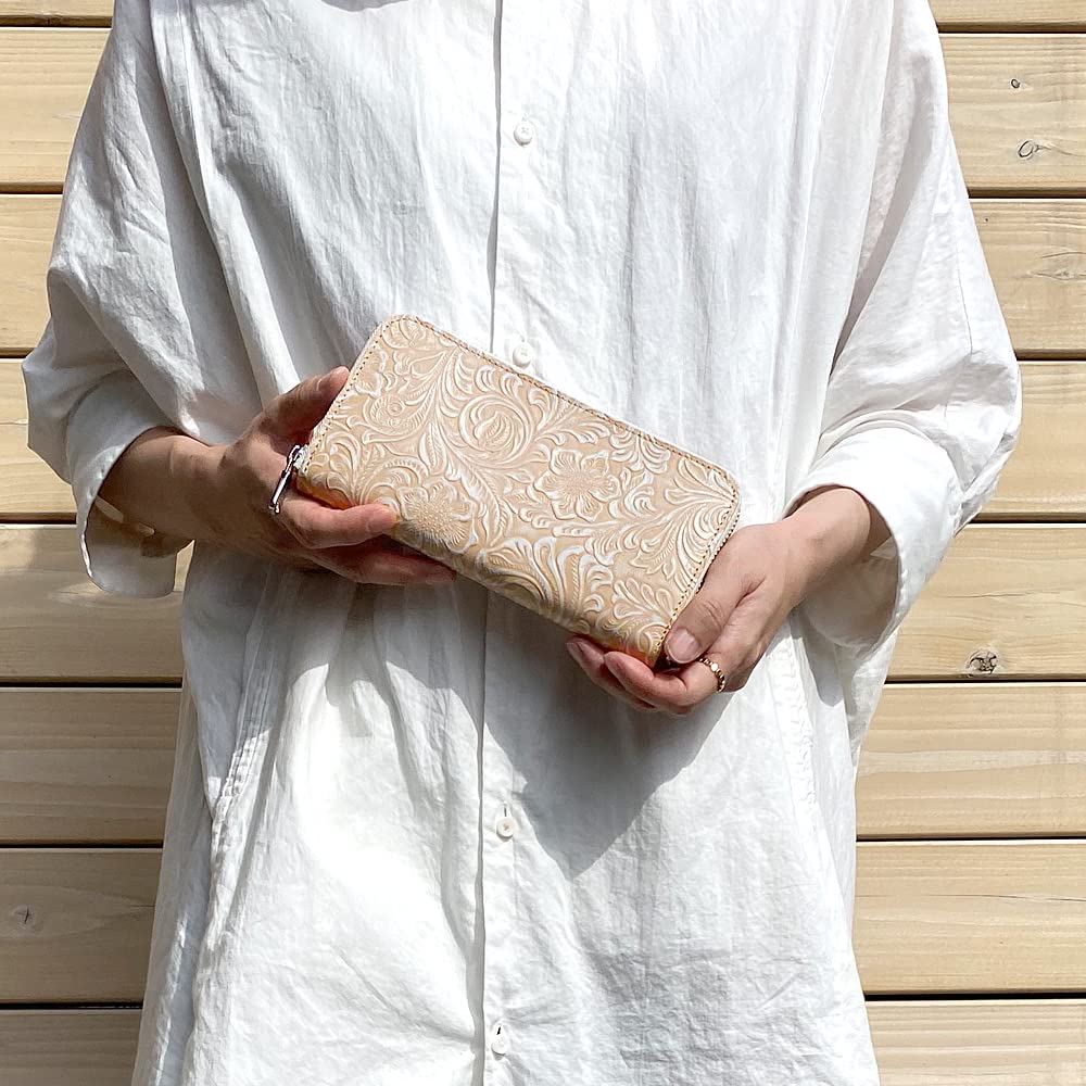 Gratia Women's Long Wallet, Round Wallet, Genuine Leather, Made in Japan, Floral Embossed Leather, Round Zipper, G057 (White)