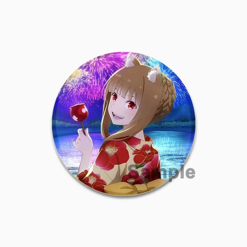 32/44/58mm 58mm Kurafuto Rorensu Horo Badge Cute Anime Wolf Brooches Handmade Platic Lapel Pin for Clothes Hat Backpack Jewelry Accessories