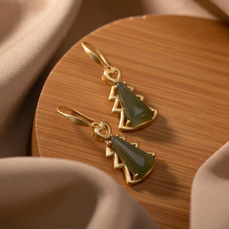 Yi Lu Yin S925 Gold-Plated Sterling Silver Christmas Tree Jade Earrings for Women