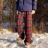 Autumn and winter Maillard woolen plaid pants men's and women's American straight casual pants loose and piled thickened couple wide-leg pants