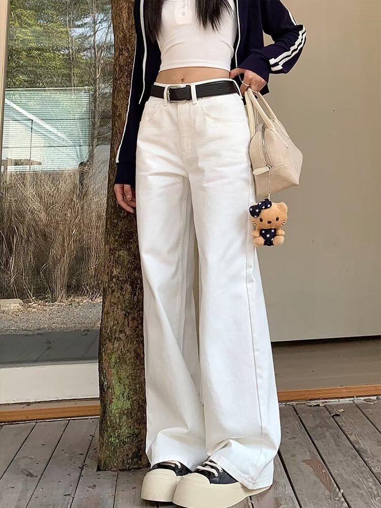 High-Waist White Wide-Leg Loose Jeans for Women - Slimming Straight Fit