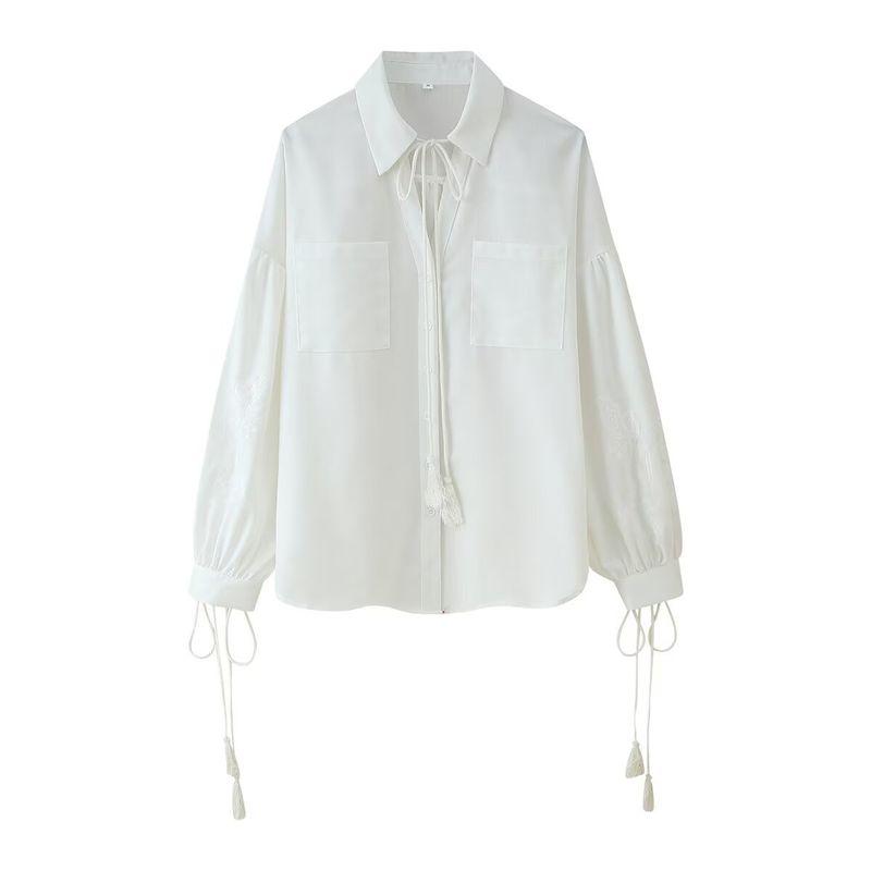 Kaslead New Women Clothes Western Style Simple Tassel Lace-up Embroidered Shirt Casual Trousers Set