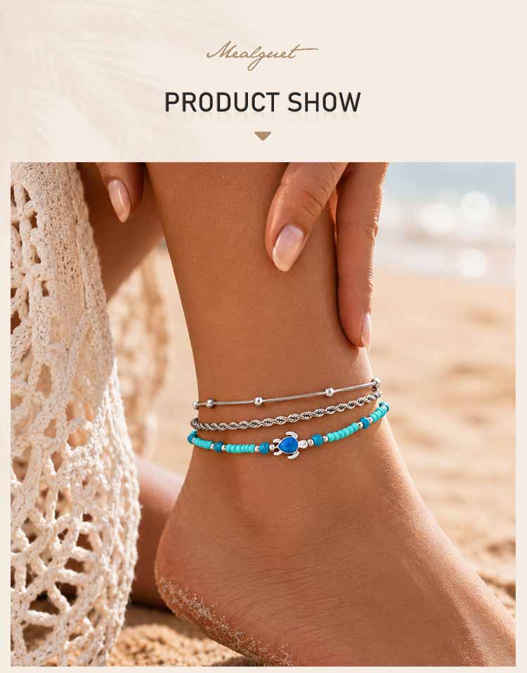 Layers Anklet Set for Women Twisted Chain Teal Turtle Charm Stainless Steel Non-tarnish Foot Bracelet Adjustable