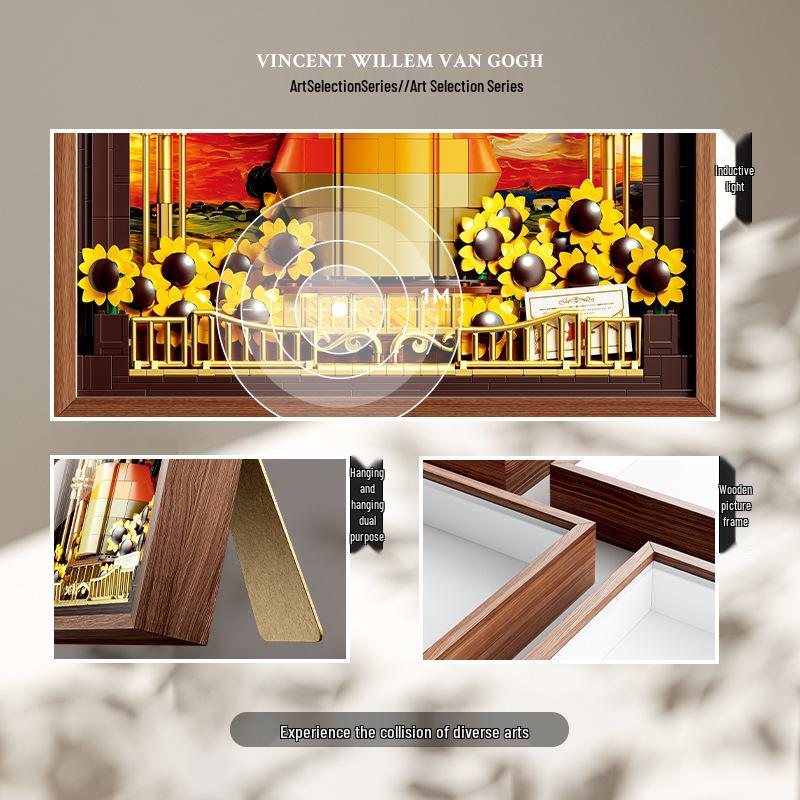Sunflower Wood Frame 3D Building Block Photo Frame with Induction Light - Educational Assembly Toy and Decorative Ornament.