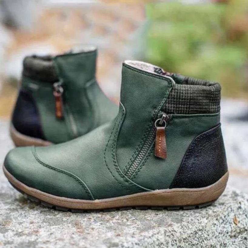 New short boots autumn and winter retro double zipper leather splicing flat bottom round head large size Martin boots
