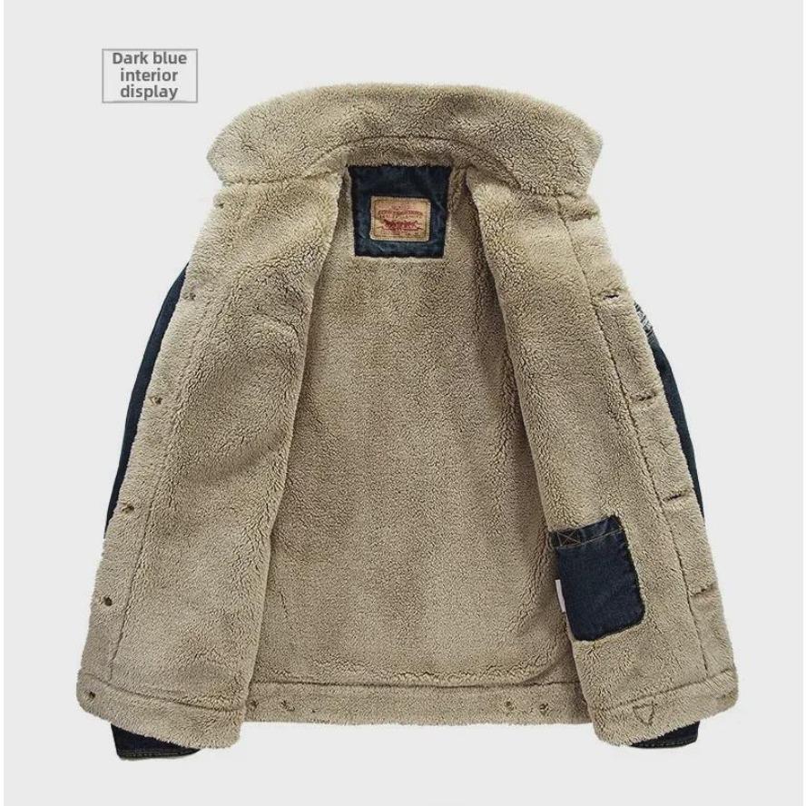 Męska kurtka dżinsowa na co dzień: Wyściełane bawełną, duży rozmiar, plus aksamit, wiele kieszeni, styl ze skóry jagnięcej