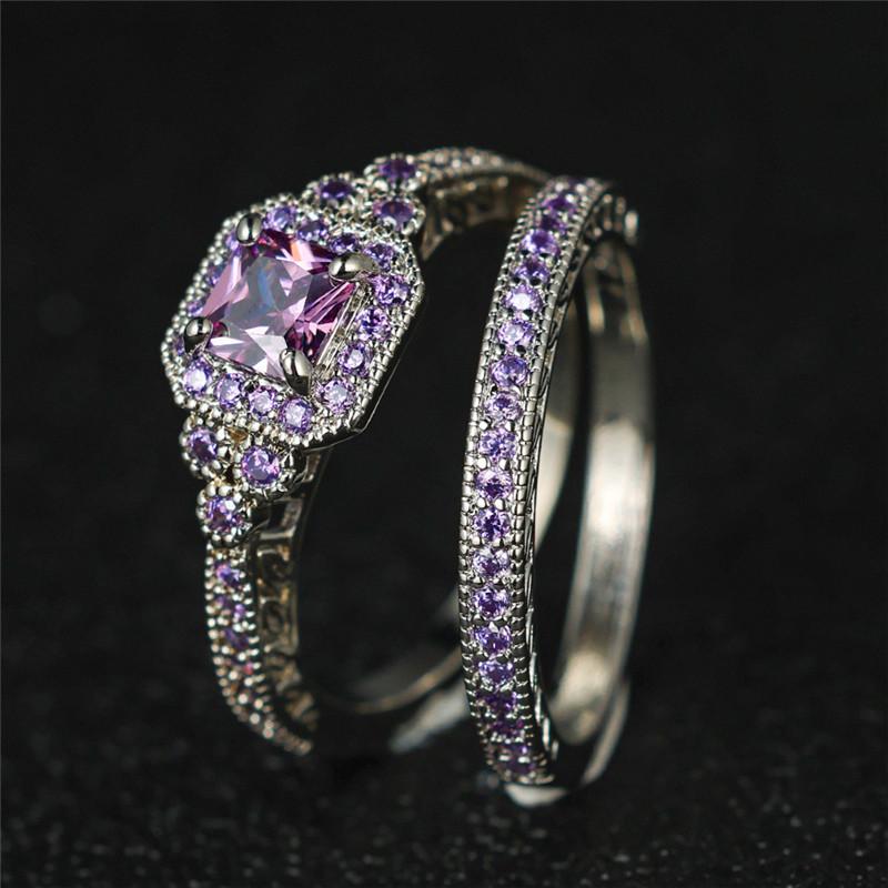Luxury Female Crystal Purple Zircon Stone Engagement Ring Set Cute Wedding Jewelry For Women