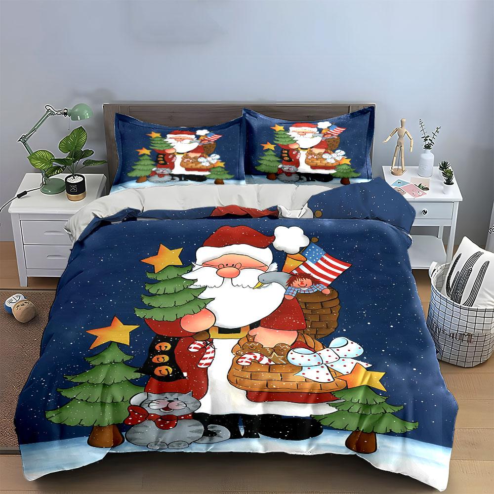 Santa and Cat Christmas Design Bedding Duvet Cover Set Duvet Cover Pillowcases (1*Duvet Cover 2*Pillowcases, Without Duvet Insert)