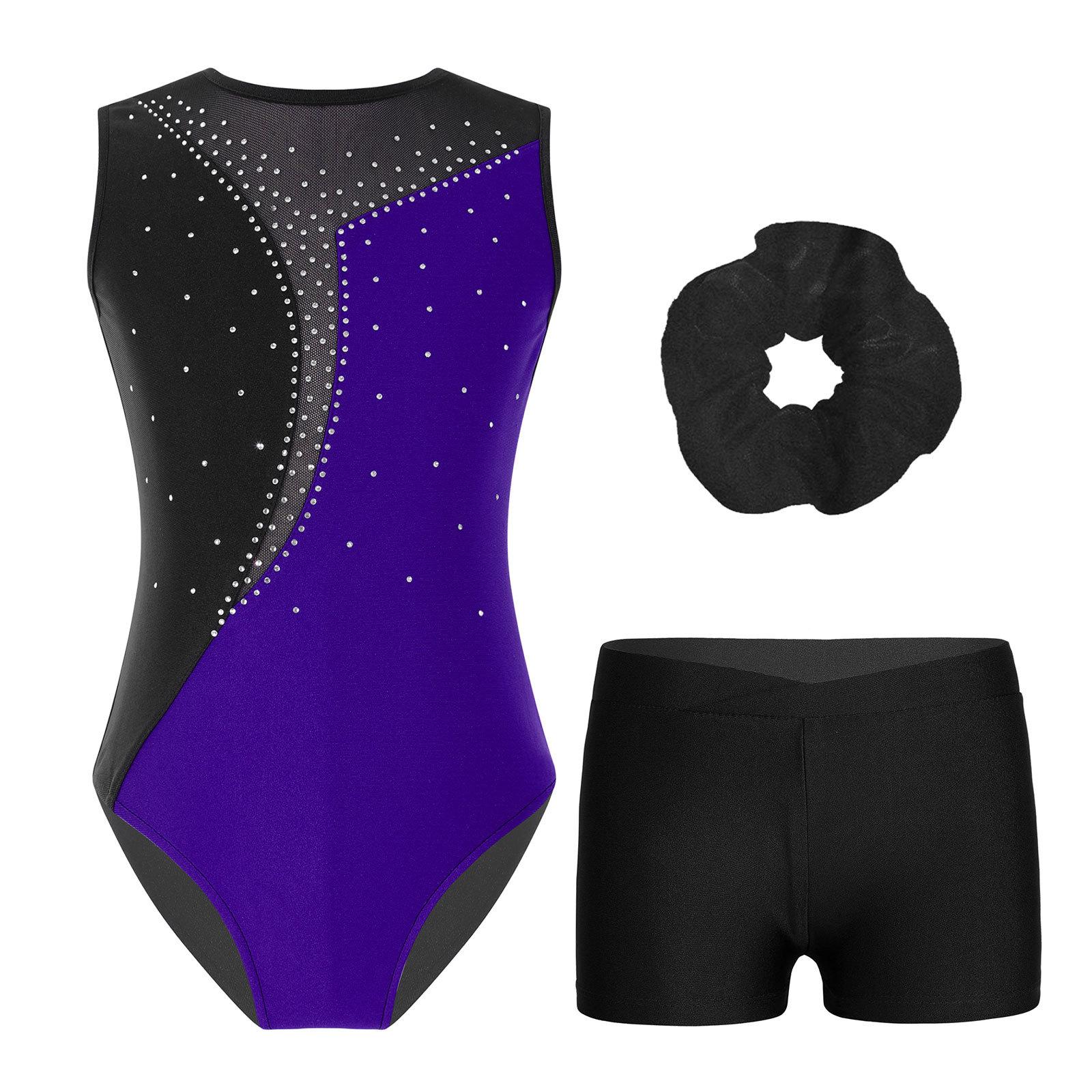 

Дівчачий контрастний печворк купальник без рукавів з круглим вирізом, дизайн зі стразами, V-пояс, шорти, гімнастичний комплект 11-12 Years фіолетовий
