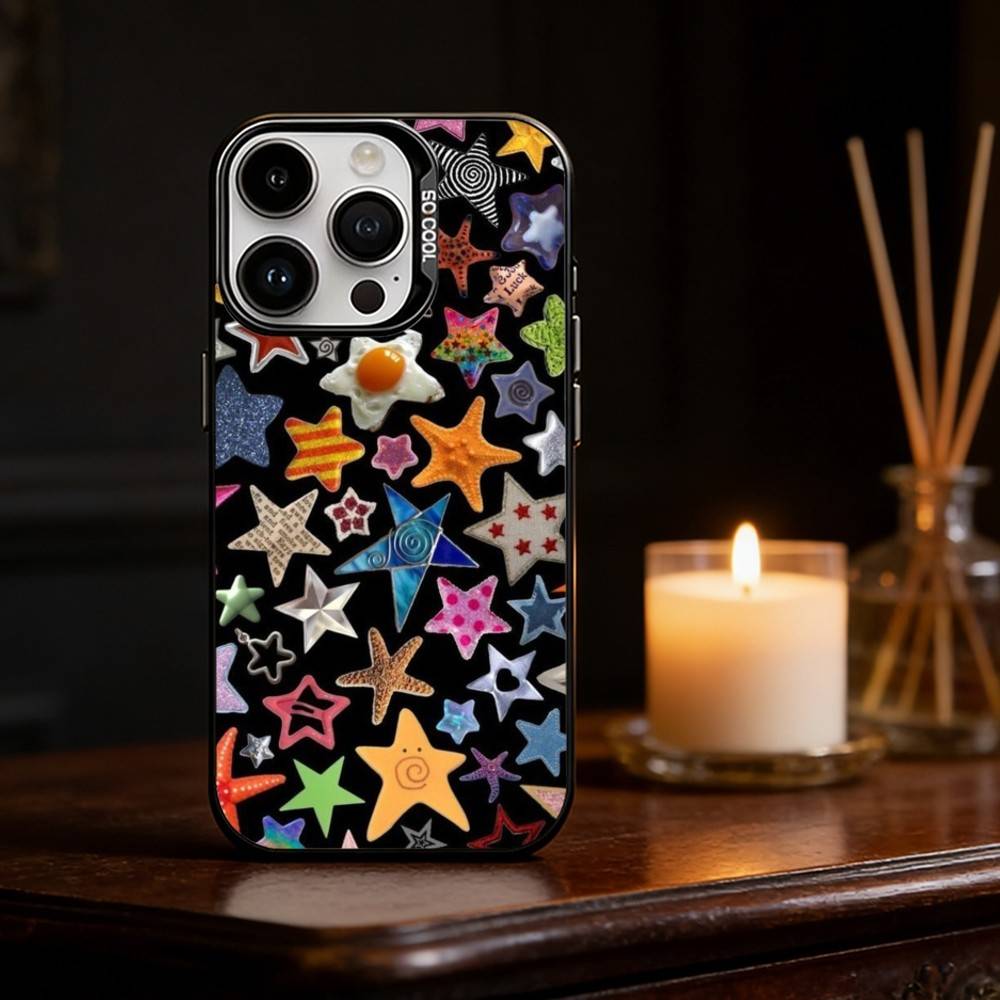 Colorful Star Phone Case For iPhone 17,16,15,14,13,12,11,Pro Max,Plus Candy Silver Cover