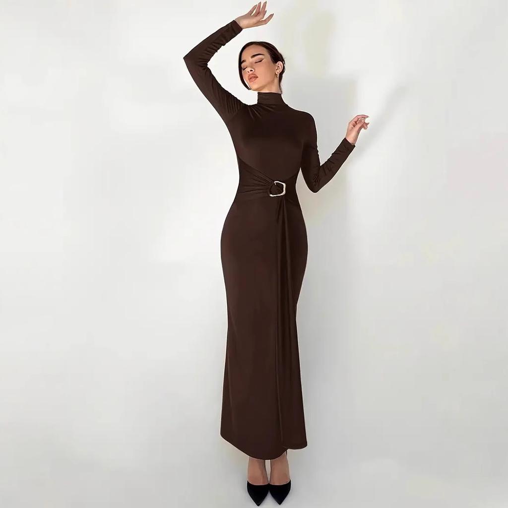 Women's Temperament Elegant Slimming High Waist Knit High Neck Solid Colour Dresses