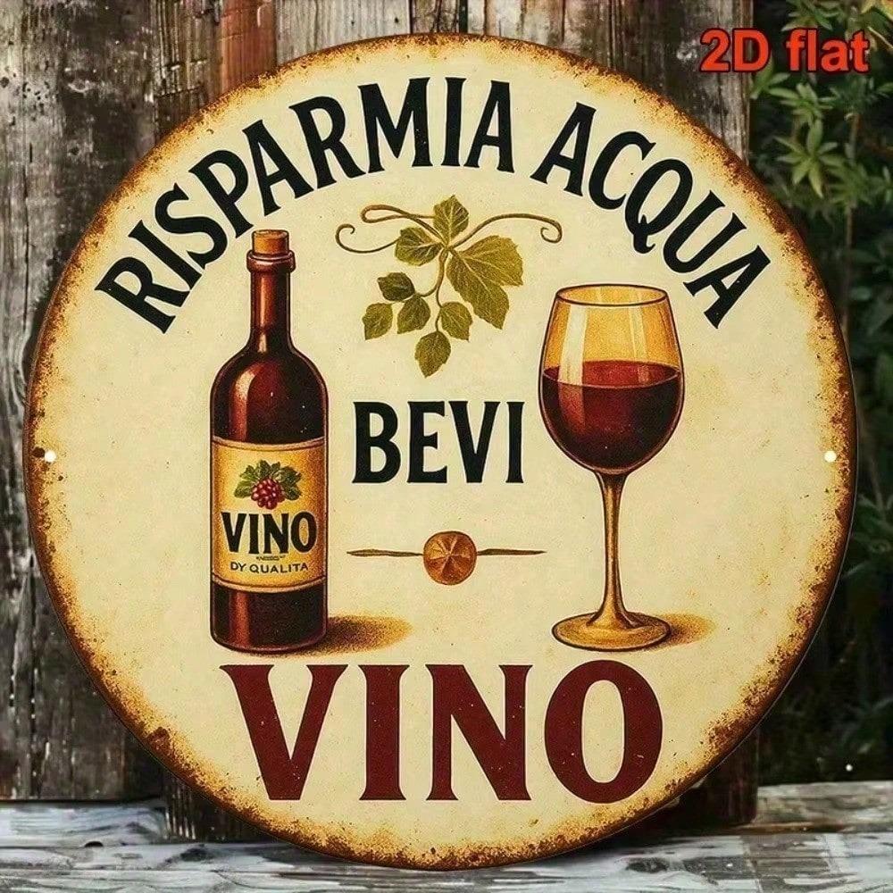 Retro Italian Wine Metal Tin Sign Round Vintage Design for Bar Kitchen Wall Decor 8 Inch