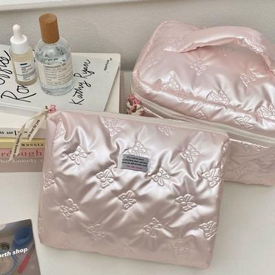 Korean PU Material Cosmetic Bag Storage Compartment Multi-function Toiletry Bag Bow Decoration Makeup Case Travel Essential