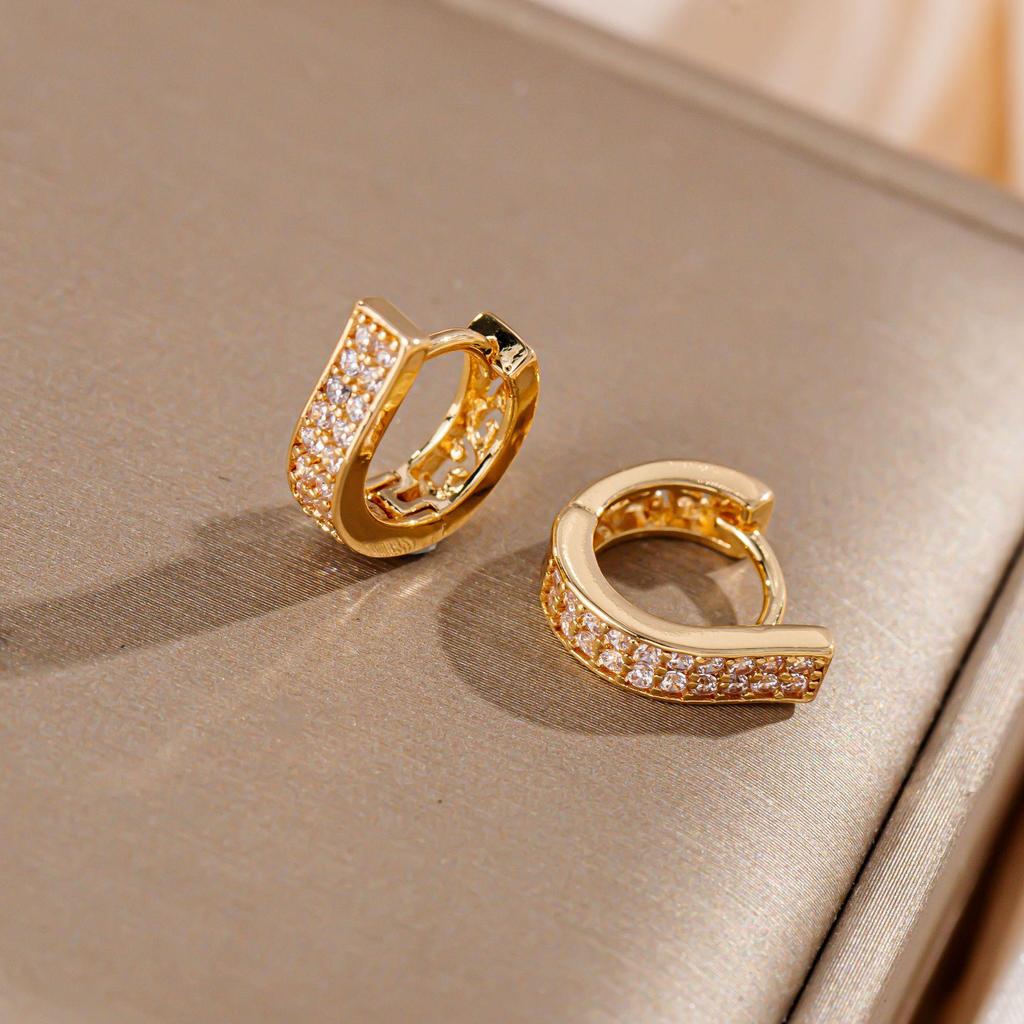 Creative Geometric Double Row Rhinestone Earrings - Small Alloy Ear Hoops & Studs