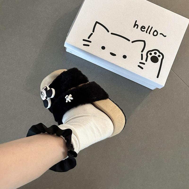 Piaohong Mickey thick-soled fluffy slippers 2025 autumn and winter cute cartoon home flat one-and-a-half slippers cotton shoes