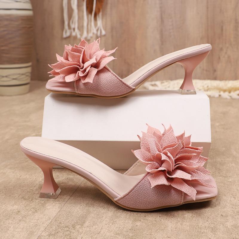 Fashion Stiletto Flip-Flops Women's Fashion Square Toe Open Toe Flower Fabric Non-Slip Wear-Resistant High Heels