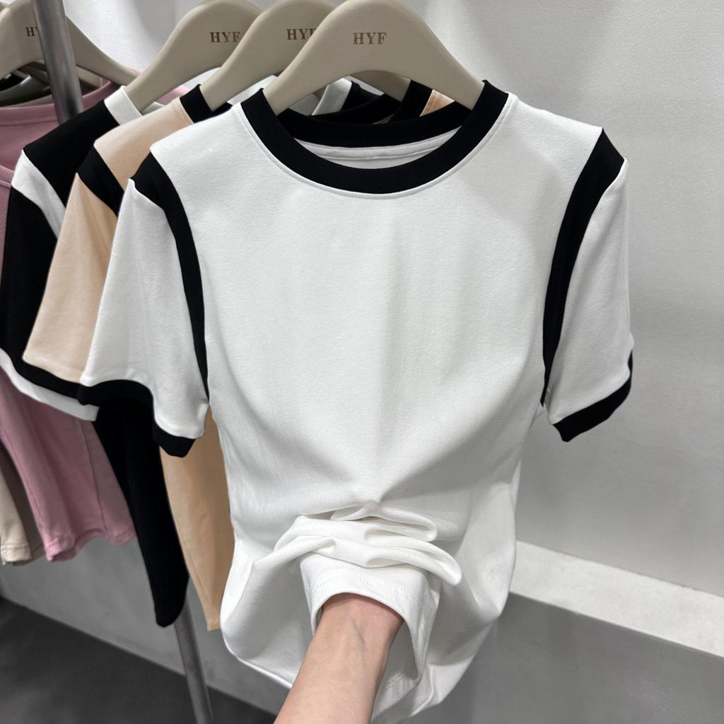 Damen Sommer Kontrastnaht Rundhals Kurzarm Top