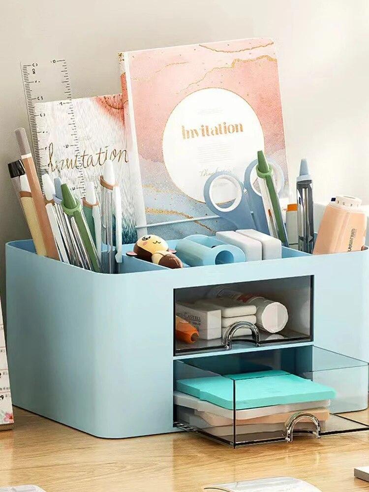 1PC Porta Penne Con 2 Cassetti Porta Matite Multifunzionale Per Scrivania Porta Oggetti Scatola Portaoggetti Per Scrivania Forniture per Ufficio Tavolo da Toeletta