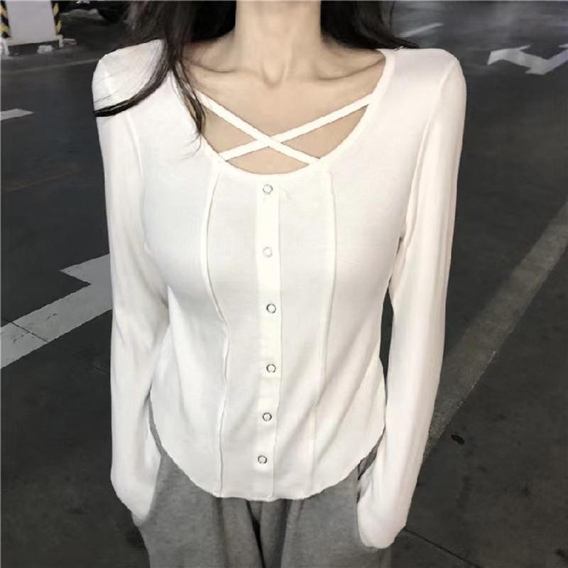 Harajuku Korean Slim Fit Long Sleeve Top Women's Solid Color T-shirt Streetwear Spring T-shirt
