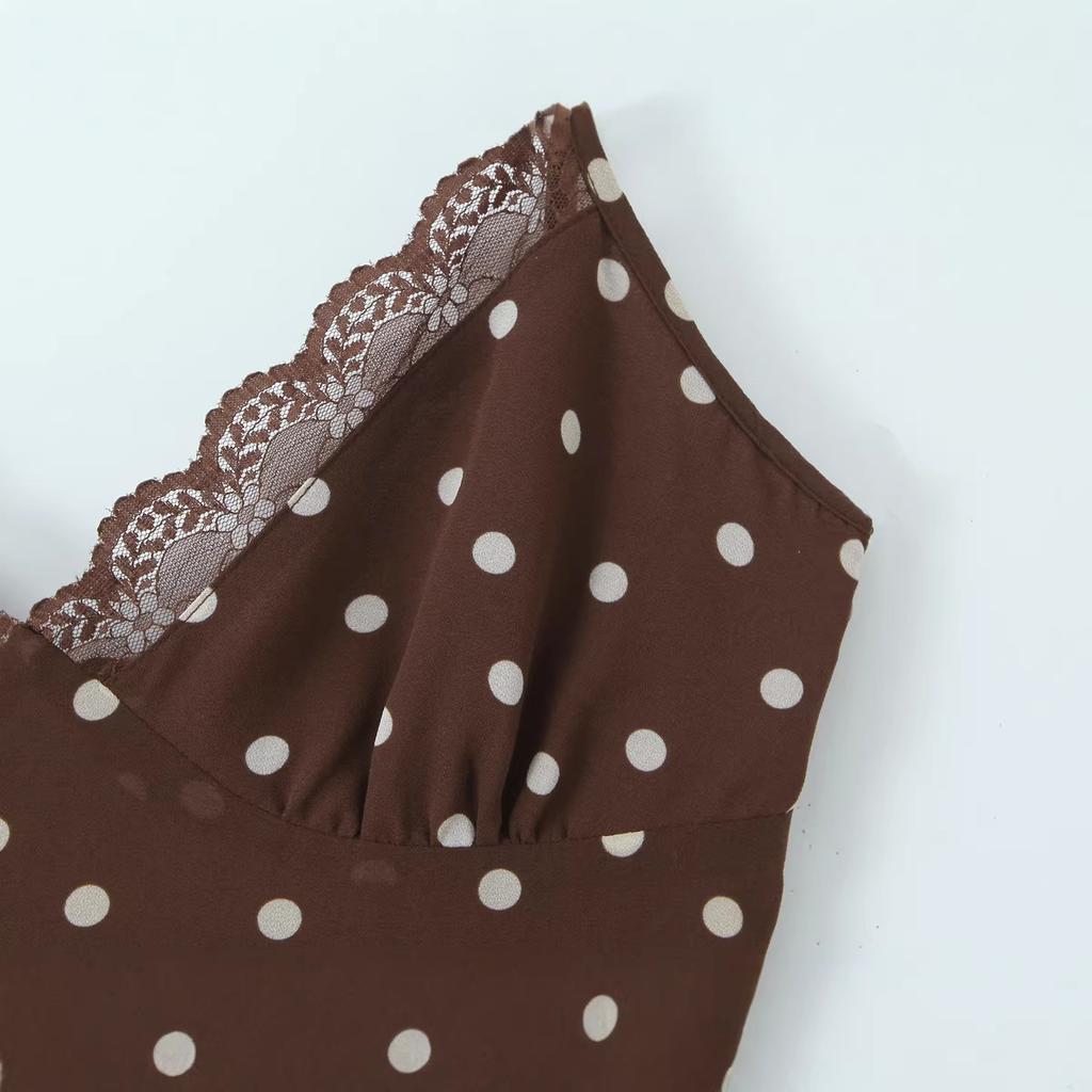 Popular spring new European and American temperament sexy polka dot V-neck lace suspender backless dress