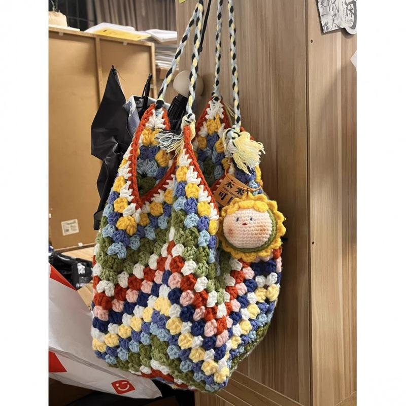 

Handwoven Grandmother Grid Stray Bag DIY Crochet Wool Bag Material Bag Shoulder Bag Fashion Retro Handbag one