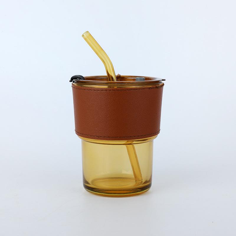 

Vertical Pattern Bamboo Cup Glass Transparent Household Striped Water Cup Office Straw Cup with Lid Ins Style Coffee Cup row machine