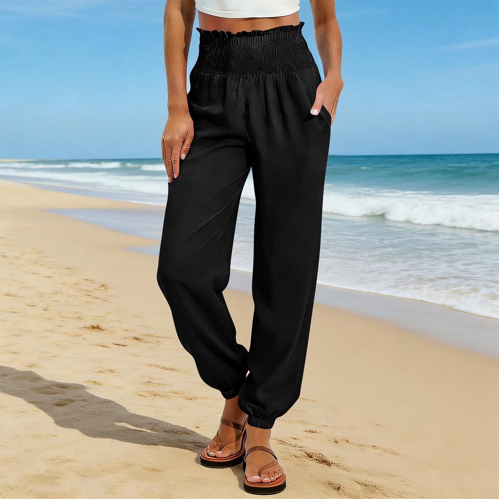 Women's Fashion Color Elastic Waist Pocket Loose Leg Tight Casual Pants