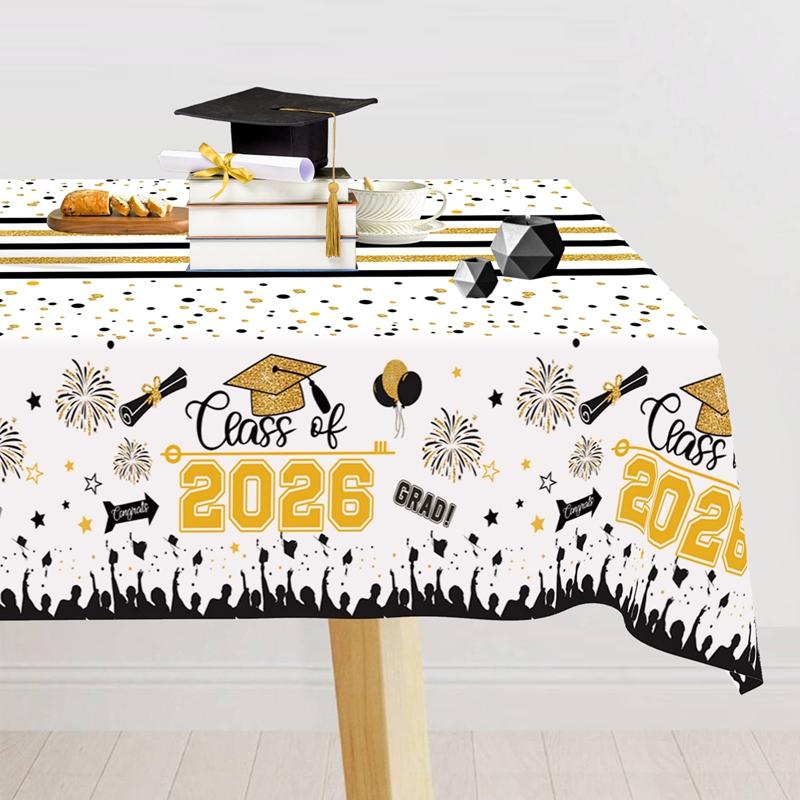 White Gold Disposable Tablecloth Congrats Grad Graduation Cap Diploma Table Runner Class of 2026 Stars Graduation Party Supplies