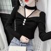 Tshirt For Women Spring Oversize Mesh Panel Stand Collar Embroidered Sleeveless Casual