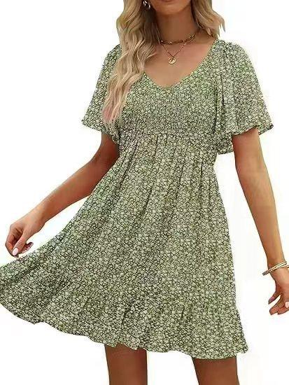 

Red White Floral Print V-Neck Short Sleeve Dress with Ruffled Hem and Waist Pleats, Casual Summer Dress for Women, Available in Multiple Colors XXL