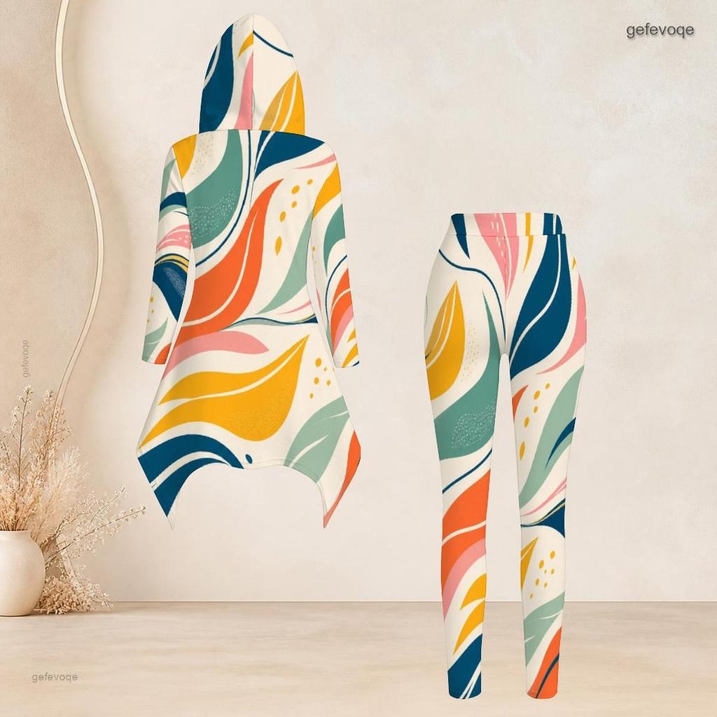 Women Plus Size Multicolor Printed Hooded Long Sleeve High Low Top Fitted Pants Two Piece Set