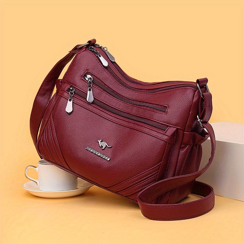 Women's Leather Crossbody Bag Multi-Zipper Pocket Purse with Adjustable Strap Textured Handbag