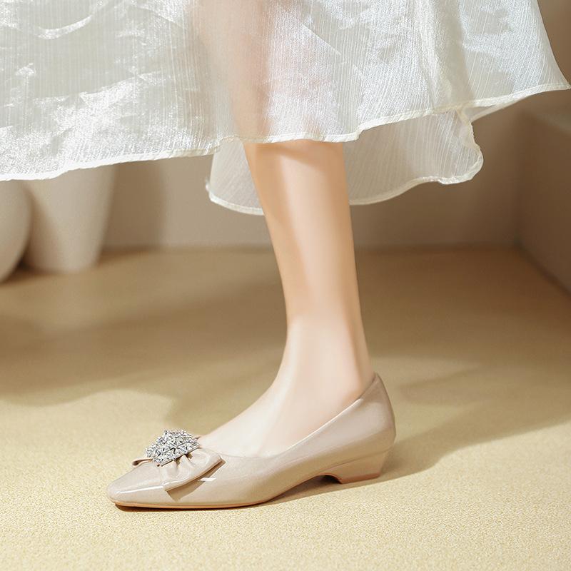 French Light Mouth Single Shoes Women's 2025 New Spring and Autumn Patent Leather Rhinestone Small Square Head Nude High Heels Thick Heel Not Tired 