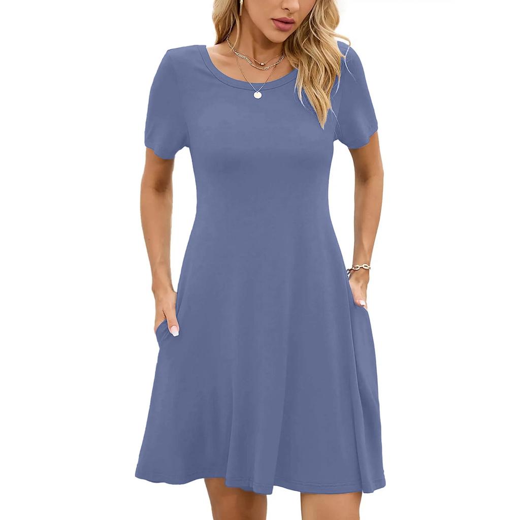Women Short Sleeve Casual Dress with Pockets Soft Stretchy Fabric Basic Crew Neck A Line Flowy Summer Midi Dress