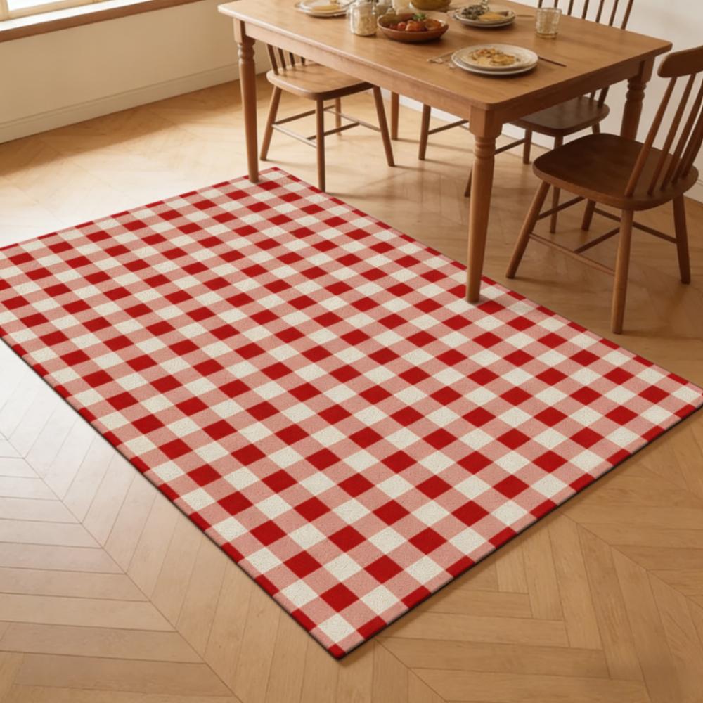 1pc 2D Flat Red White Checkered Area Rug, Machine Washable Non-Slip Decor Mat for Living Room & Under Bed