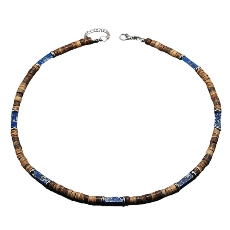 Retro Necklace Creative Trendy Neck Jewelry Made From Brown Coconut Shell Wood Beads And Natural Stone Pendant